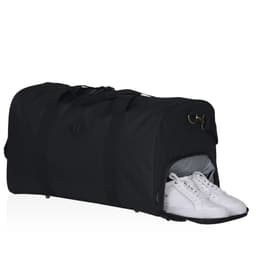 A black duffle bag with a separate compartment for shoes, featuring a logo.