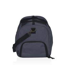 A grey duffle bag featuring a shoulder strap and a front pocket, with a logo on the side.
