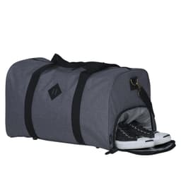 A grey duffle bag with a separate compartment for shoes, featuring a black strap and a small logo.
