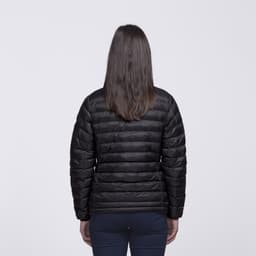 A black puffer jacket with a quilted design, viewed from the back. The jacket includes a logo on the back.