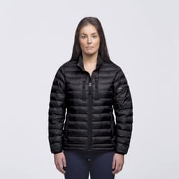 A black puffer jacket with a zip front and a slim fit, featuring a branded logo on the left side.
