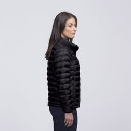 A black puffer jacket with a high collar, featuring a sleek design and a logo on the front.