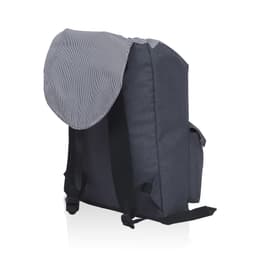 A dark blue backpack with a striped flap and adjustable shoulder straps. It features a side pocket and a logo.