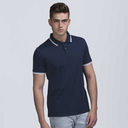 A navy polo shirt with contrasting white collar and sleeve trims, featuring a logo on the chest.