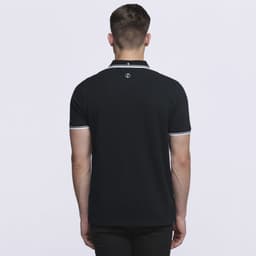 A black polo shirt with contrasting white trim and a branding logo on the back.