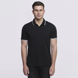 A black polo shirt with contrasting white trim at the collar and sleeves, featuring a logo.