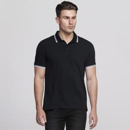 A black polo shirt with white trim and a logo, displayed on a model.