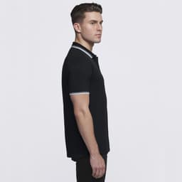 A black polo shirt for men featuring a classic design with white accents, displayed from the side. It includes a logo.