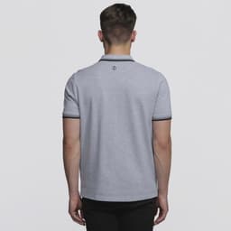 A grey polo shirt with contrasting trim and a logo on the back, featuring a classic collar and short sleeves.