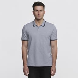 A grey polo shirt with contrasting black collar and sleeve trims, featuring a logo.