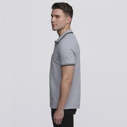 A grey polo shirt featuring a collar and striped detailing at the sleeves, displayed on a male model.