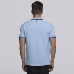 A light blue men's polo shirt featuring contrasting collar details and a logo on the back.