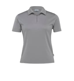 A women's polo shirt in grey with a zip collar and short sleeves. It features a logo on the chest.