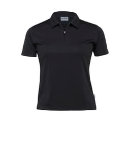 A black women's polo shirt with a collar and a quarter zip, featuring branding on the label.