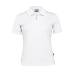 A white women's polo shirt with a zippered collar, featuring a logo on the side.