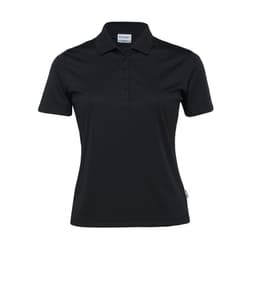 A women's black polo shirt with a ribbed texture and a logo on the collar.