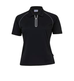A black women's polo shirt with a quarter zip and contrasting piping, featuring a logo on the sleeve.