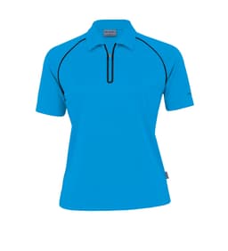 A women's polo shirt in bright blue with black accents and a small zip collar. Features a logo on the sleeve.
