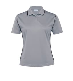 A women's polo shirt in light grey with black accents and a branding logo on the top.