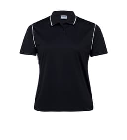 A black women's polo shirt with white piping and a brand logo on the collar.