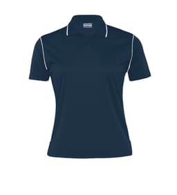 A women's navy polo shirt featuring white piping and a logo on the chest.