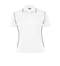 A women's polo shirt in white with navy blue detailing and a logo on the chest.