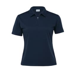 A navy blue women's polo shirt with a zip collar and short sleeves, featuring a branding logo.