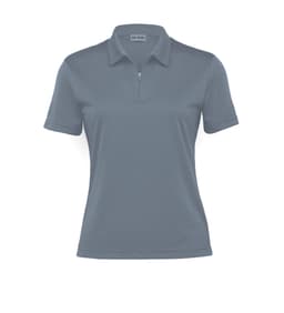 A grey women's polo shirt with a quarter zipper and a logo on the collar.