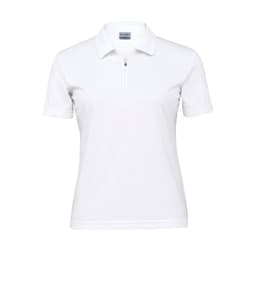A white women's polo shirt featuring a zip collar and short sleeves, with a logo on the chest.
