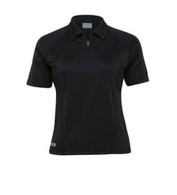 A black women's polo shirt with a zip collar and short sleeves, featuring a logo on the side.