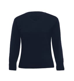 A women's knitted jumper in deep navy blue with a V-neckline and long sleeves. It features a simple design and has a logo.