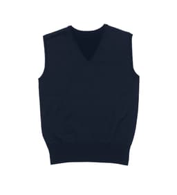 A navy blue, Merino wool fully fashioned vest with a V-neck design and sleeveless style. It features a logo.