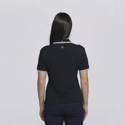 A black women's polo shirt featuring a contrasting collar and a small logo on the back.