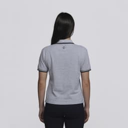 A grey women's polo shirt with a classic collar and contrasting piping, featuring a logo on the back.