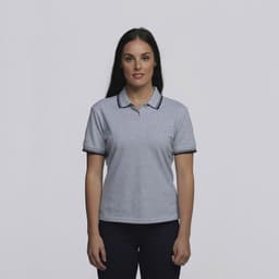 A grey women's polo shirt with contrasting black collar and sleeve trim, featuring a logo.