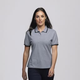 A woman models a grey polo shirt with contrasting collar and sleeve trim, featuring a logo on the chest.