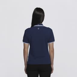 A navy polo shirt with a contrasting white collar and a logo on the back.
