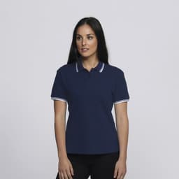 A navy blue women's polo shirt with white striped detailing on the collar, featuring a logo.