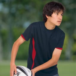 A youth T-shirt in navy with red accents, featuring a logo, designed for active wear.