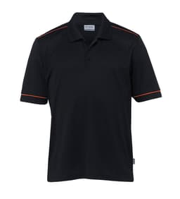 A black men's polo shirt with orange accents and a logo on the chest. Short sleeves and a classic collar design.