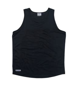 A black men’s singlet featuring a logo, made from breathable material for comfort.