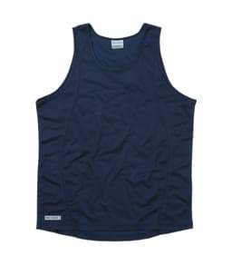 A navy blue men's singlet featuring a logo, made from lightweight, moisture-wicking fabric.