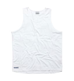 A plain white singlet for men, featuring a logo and soft fabric. Suitable for casual wear or active use.