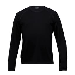 A black Merino crew pullover for men, featuring long sleeves and a fitted design. It has a logo tag on the side.