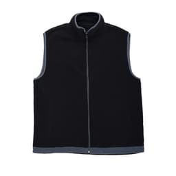 A black vest with a high collar and grey trim, featuring a full zip and side pockets.