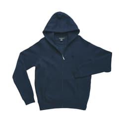 A navy blue women's zip-through hoodie featuring a hood and a single sleeve, with a logo on the chest.