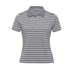 A women's polo shirt in grey with white stripes, featuring a collared neckline and button detailing. Includes a logo.