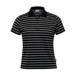 A women's polo shirt featuring black and cream stripes, with a classic collar and a logo on the side.