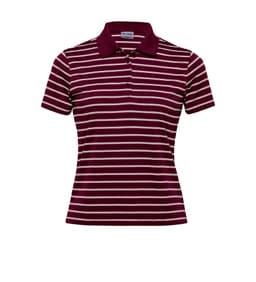 A women's polo shirt in burgundy with white horizontal stripes and a collar, featuring a logo on the chest.