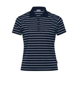 Navy and white striped polo shirt for women with a collar and a logo on the side.